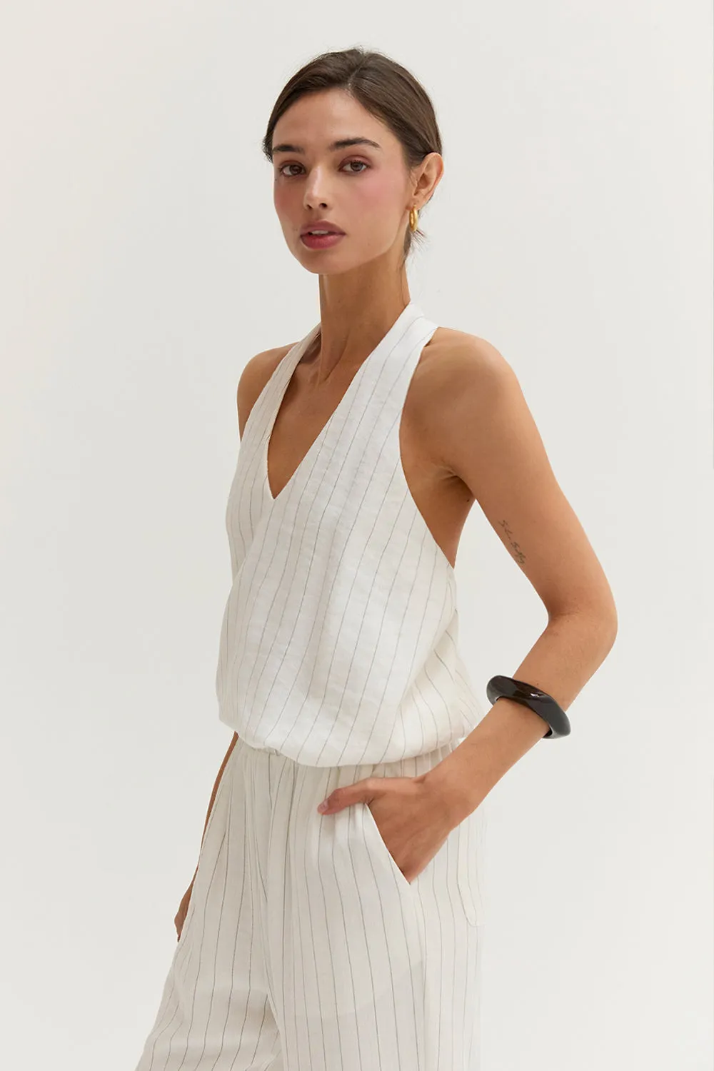 Luna Pinstripe Halter Linen Blend Jumpsuit sold by Crescent product image thumbnail 5
