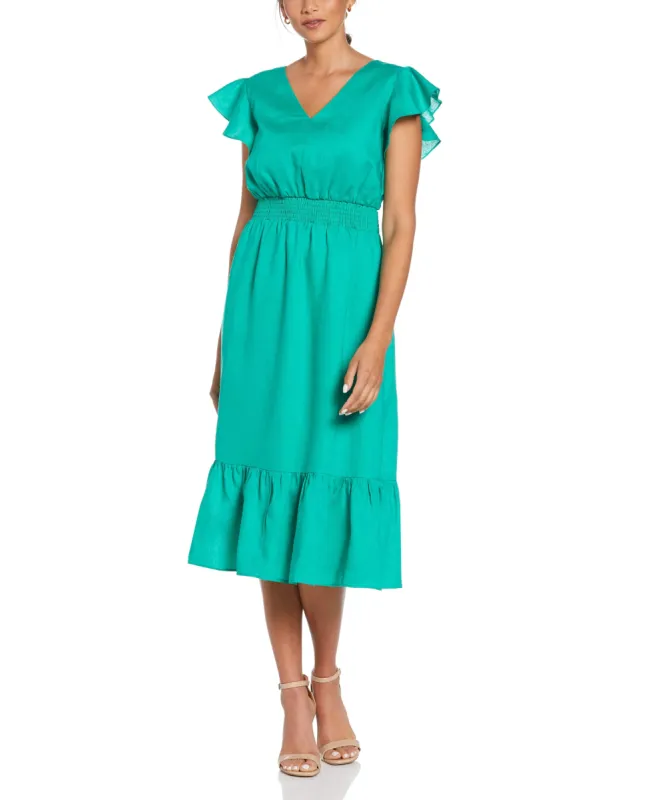 Linen V-Neck Ruffle Sleeve Maxi Dress sold by Cubavera
