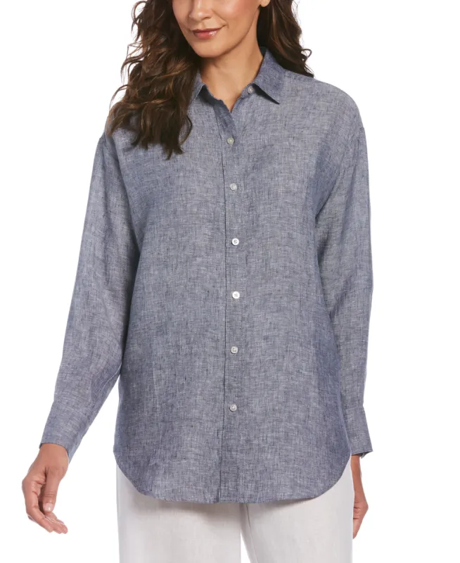 Women's Two-Tone Yarn-Dyed Linen Blouse sold by Cubavera