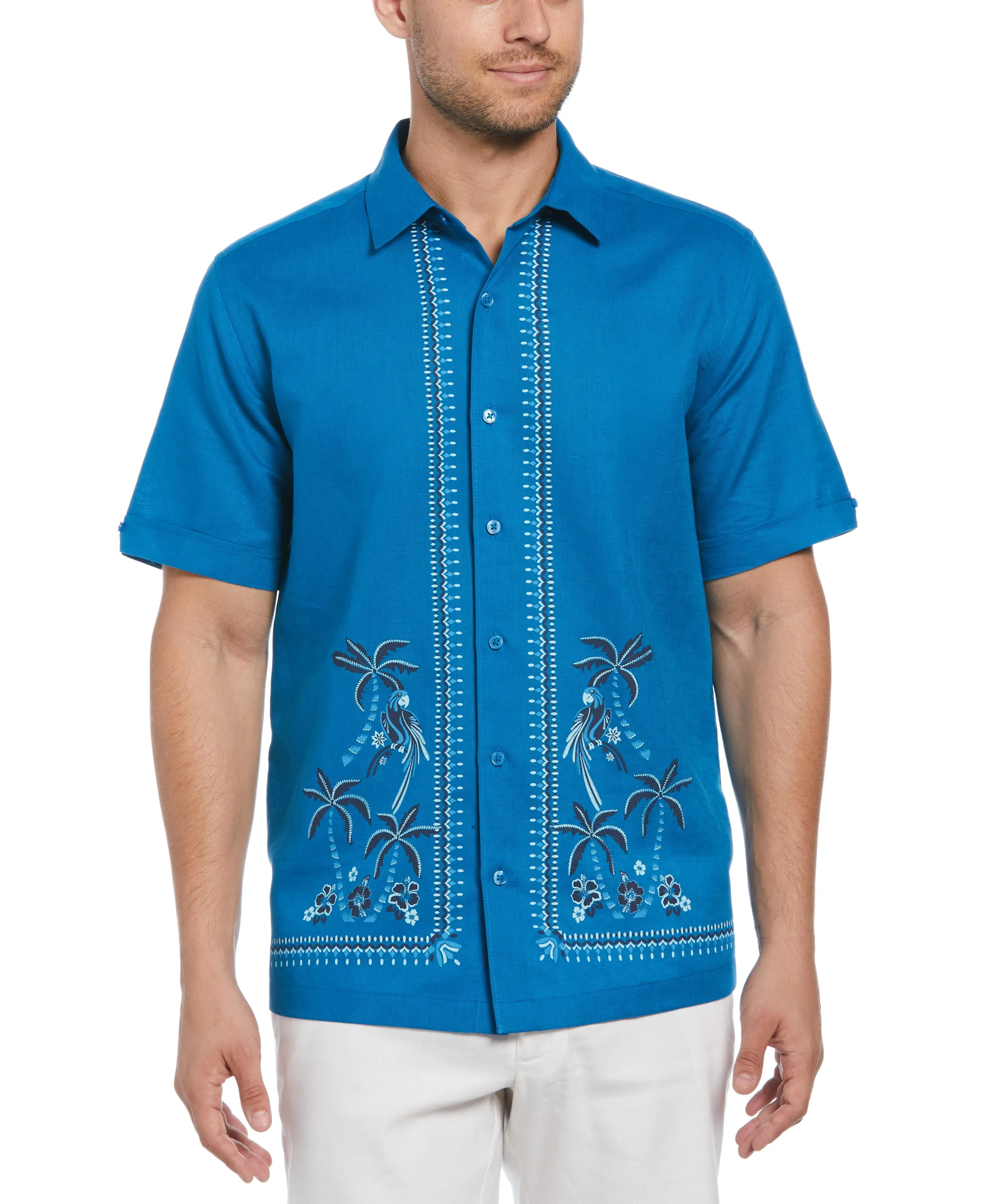 Linen Blend L-Shape Parrot Palm Print Shirt sold by Cubavera