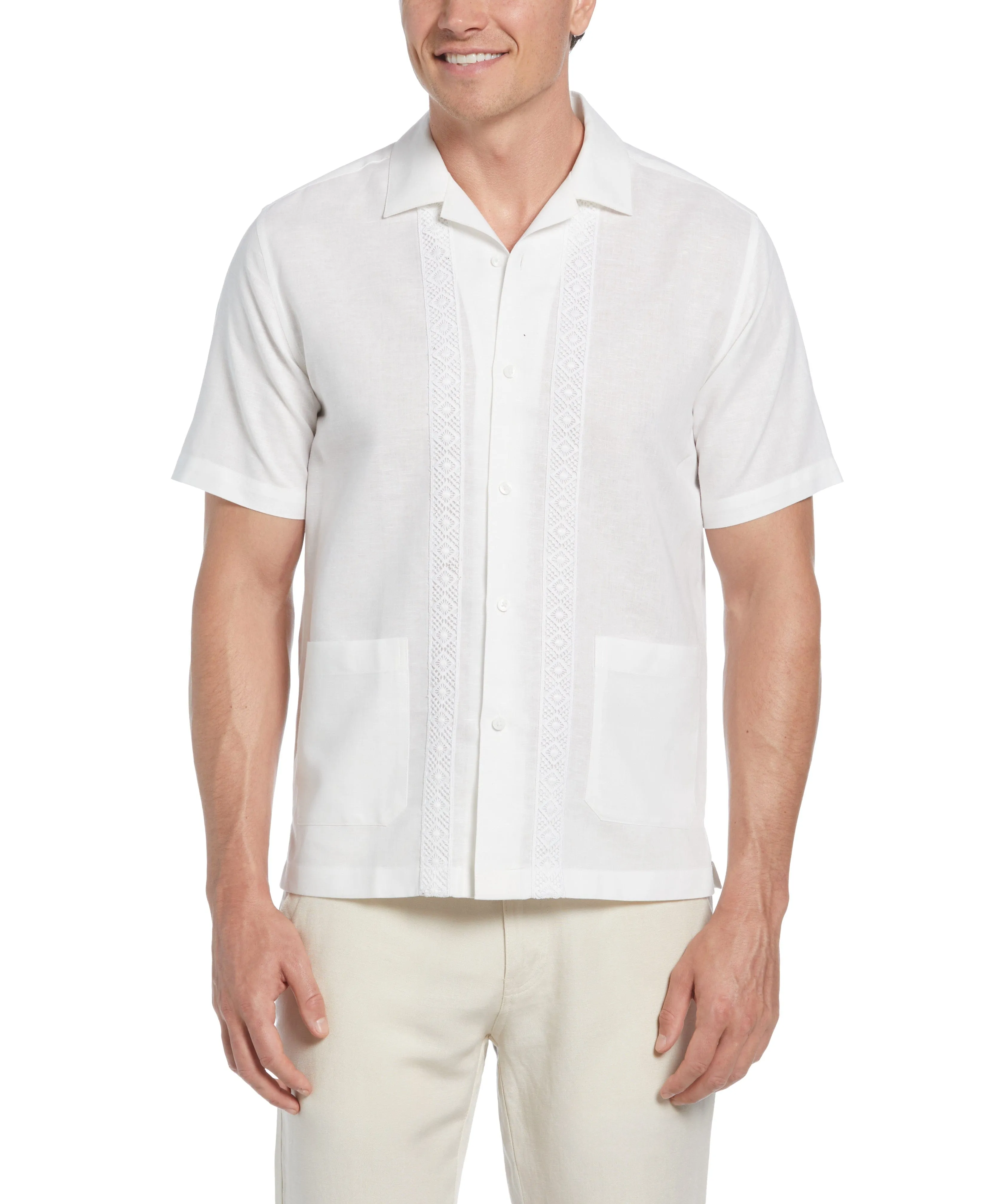 Linen-Blend Applique Panel Guayabera Shirt sold by Cubavera