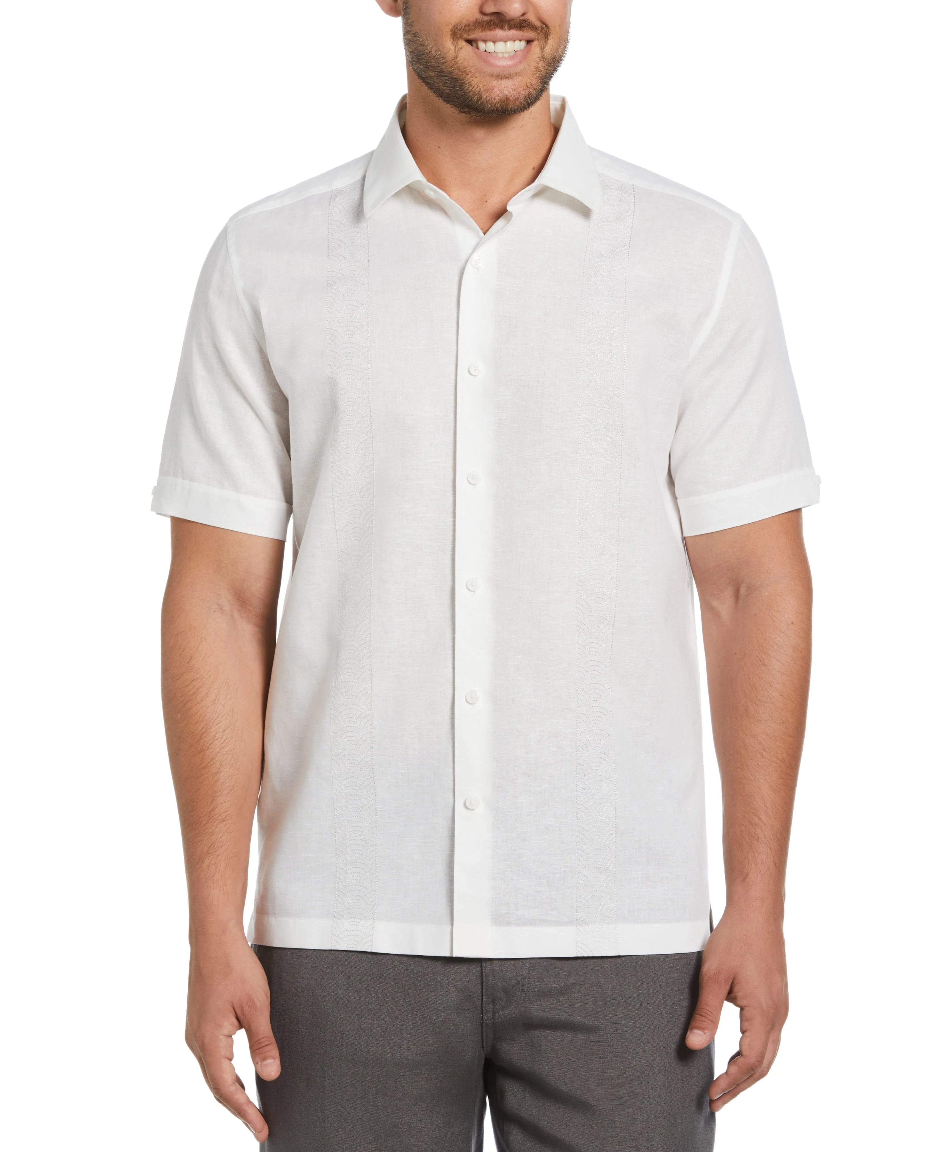 Linen Blend Embroidered Contrast Wave Panel Shirt sold by Cubavera