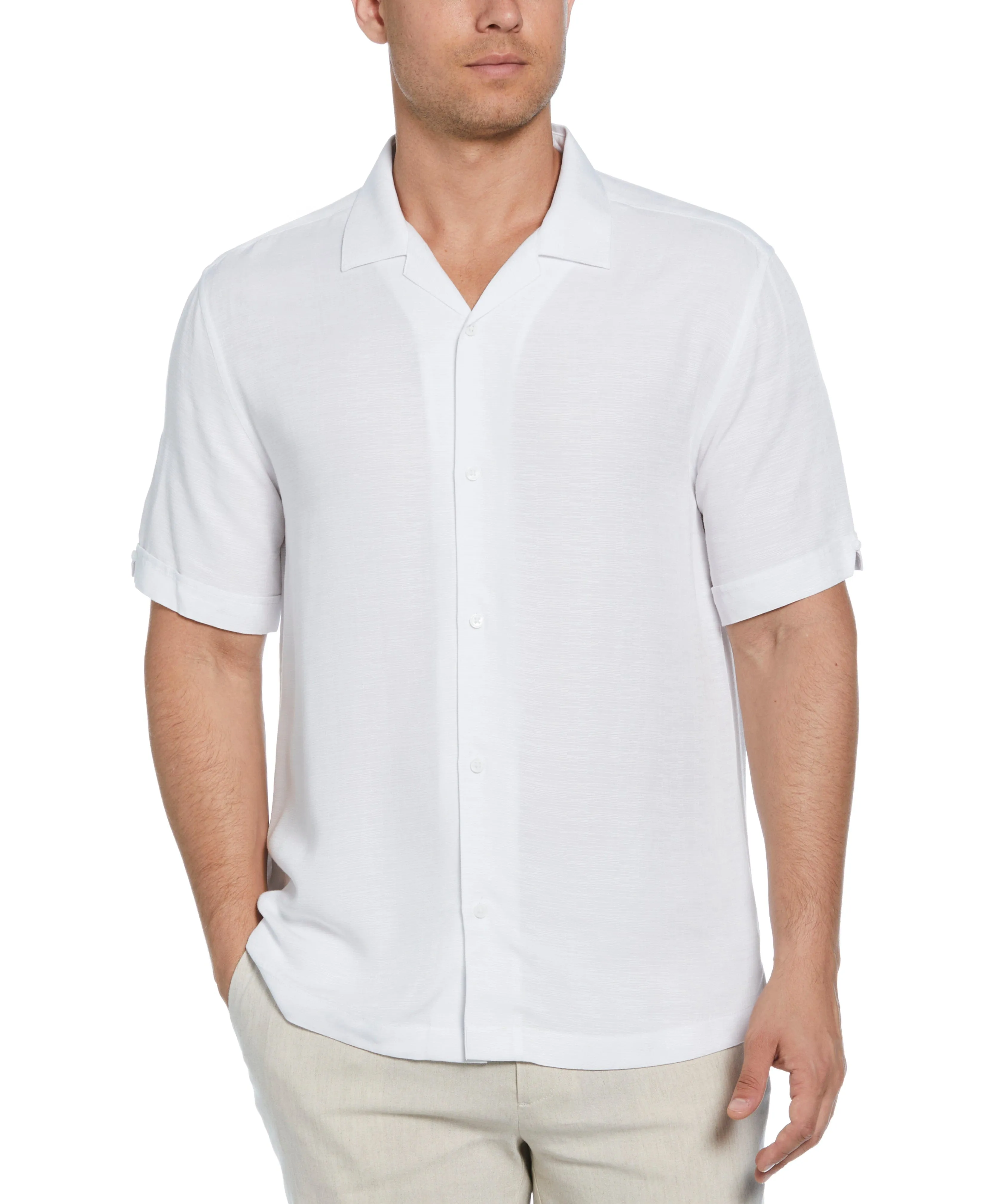 Solid Textured Cuban Collar Shirt sold by Cubavera