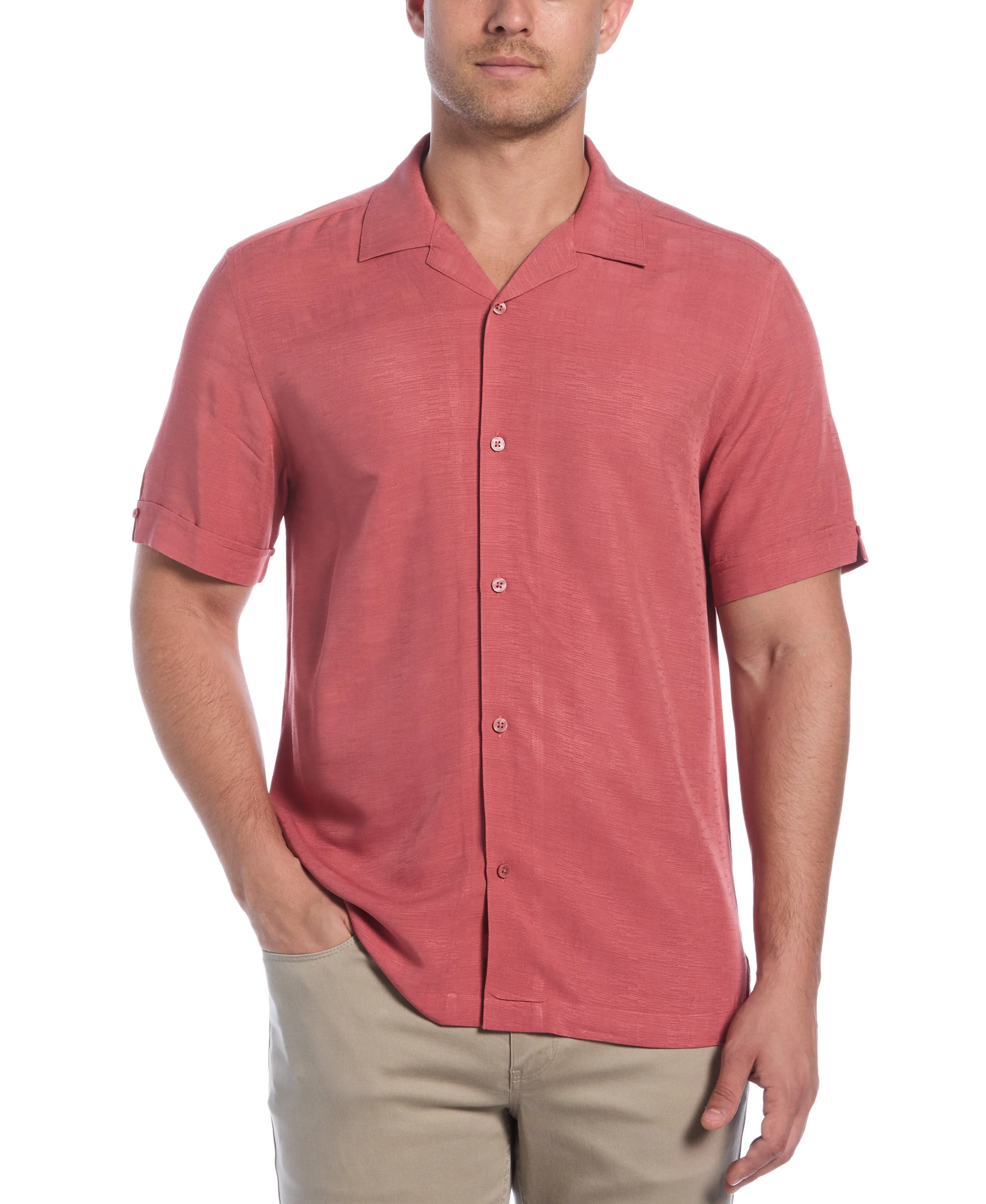 Solid Textured Cuban Collar Shirt sold by Cubavera