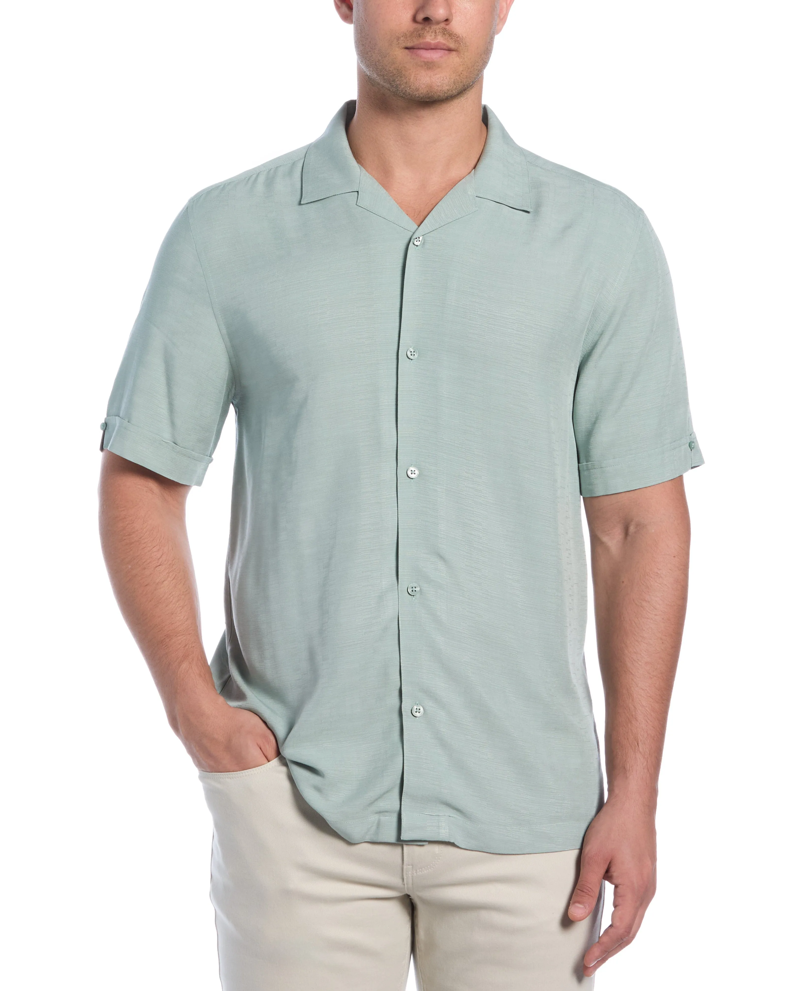 Solid Textured Cuban Collar Shirt sold by Cubavera