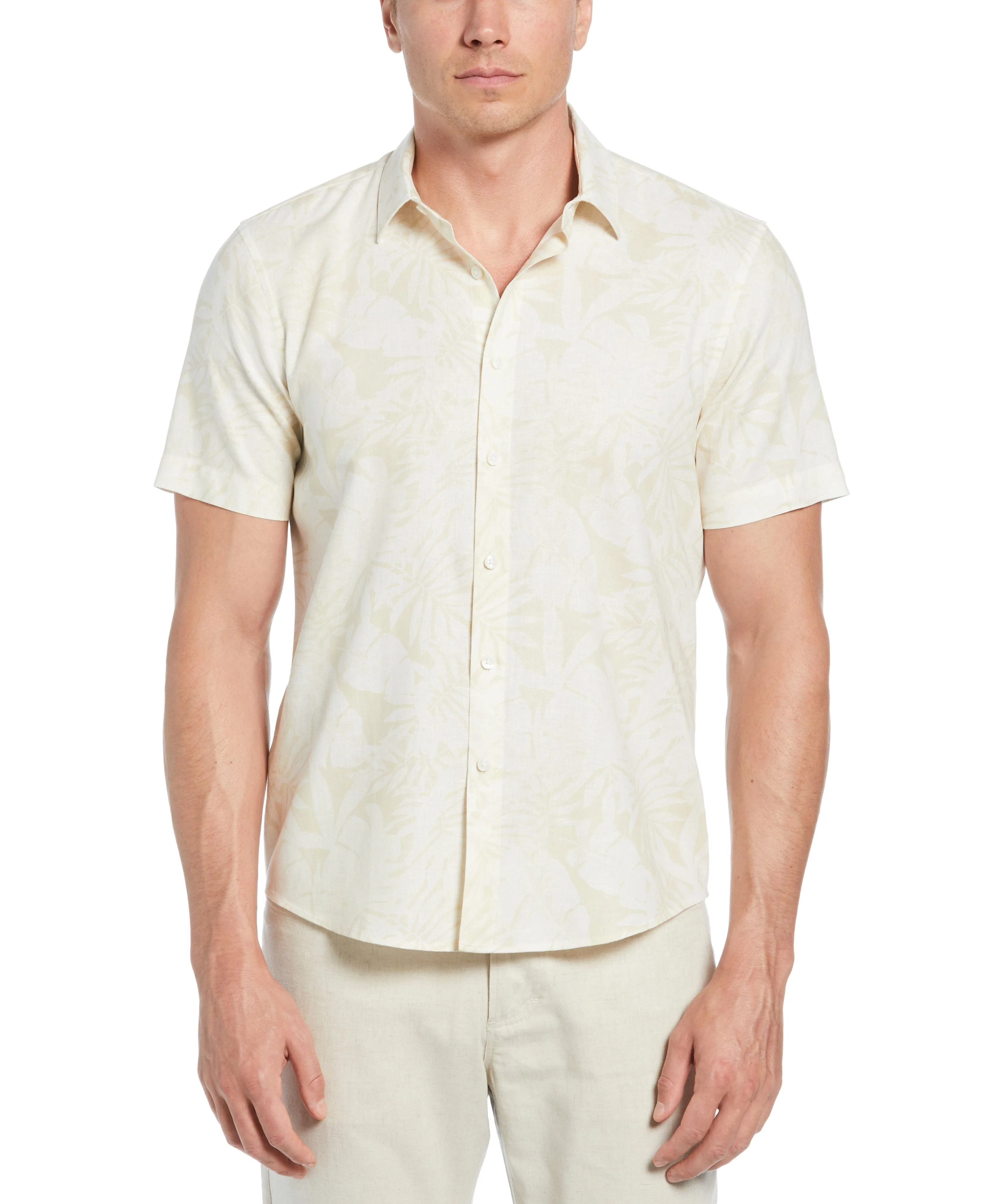 Linen Blend Tonal Multi Leaf Print Shirt sold by Cubavera