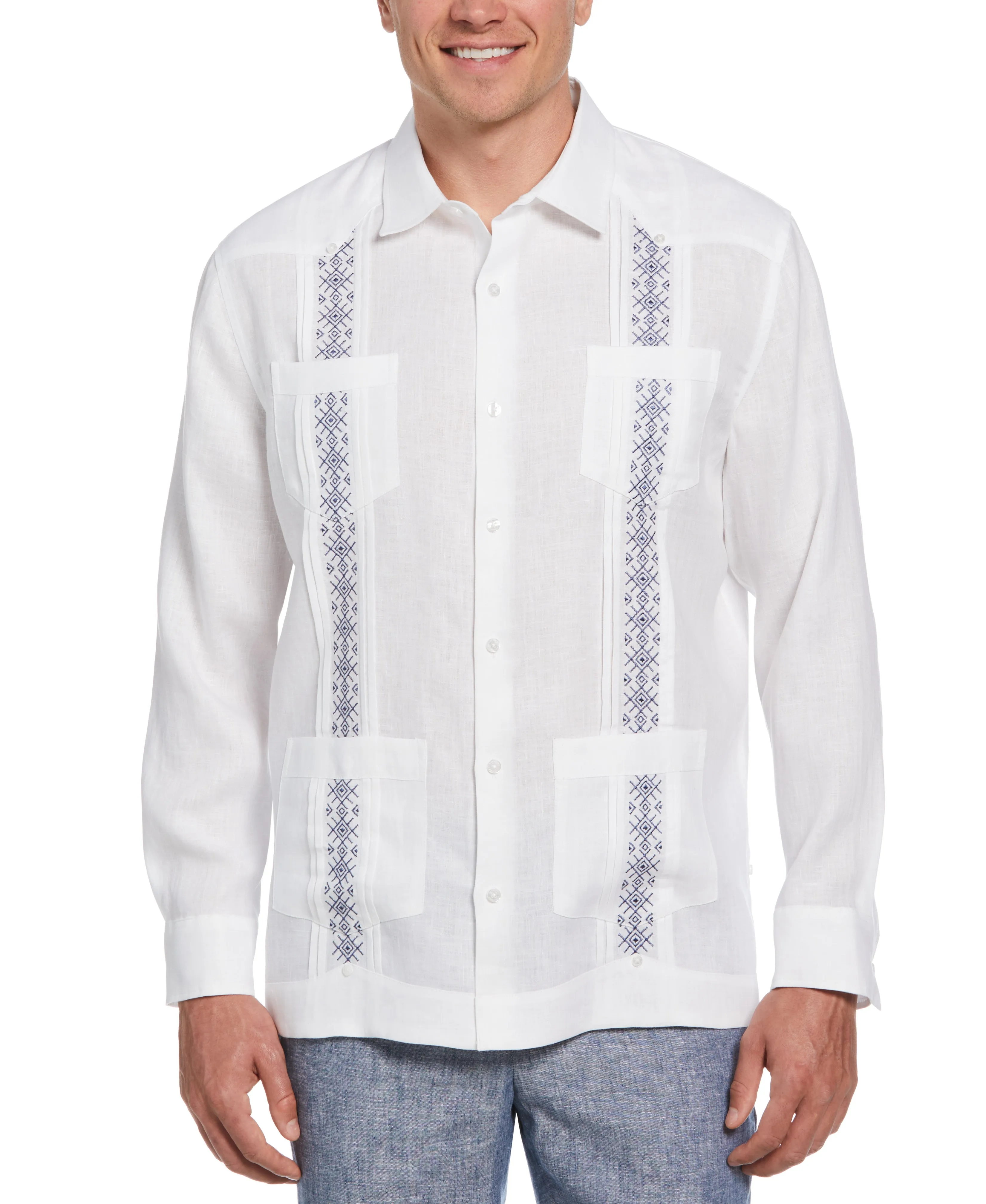 Solid Linen Guayabera Shirt With Contrast Embroidery sold by Cubavera