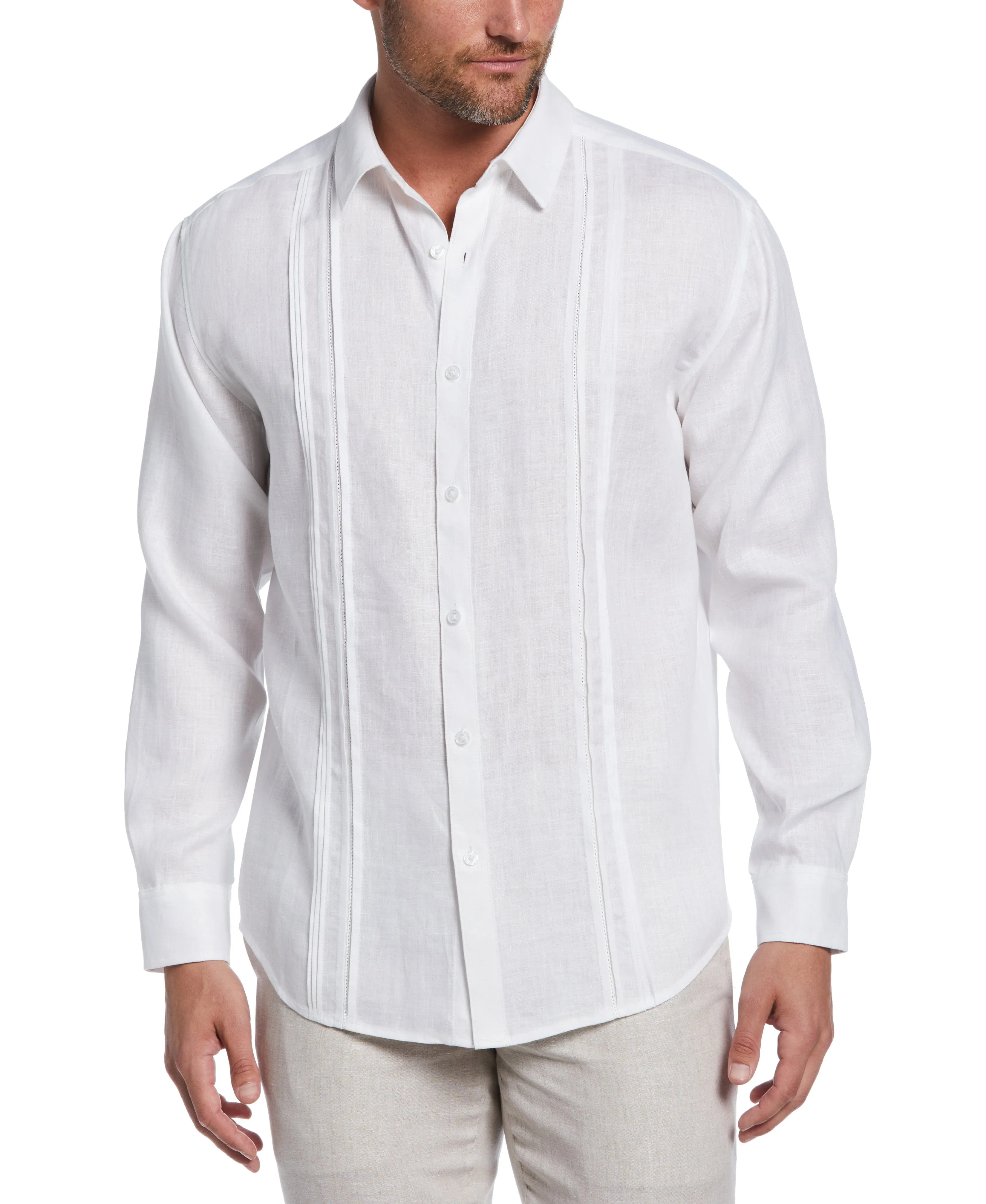 Linen Embroidered Tuck Panel Guayabera Shirt sold by Cubavera