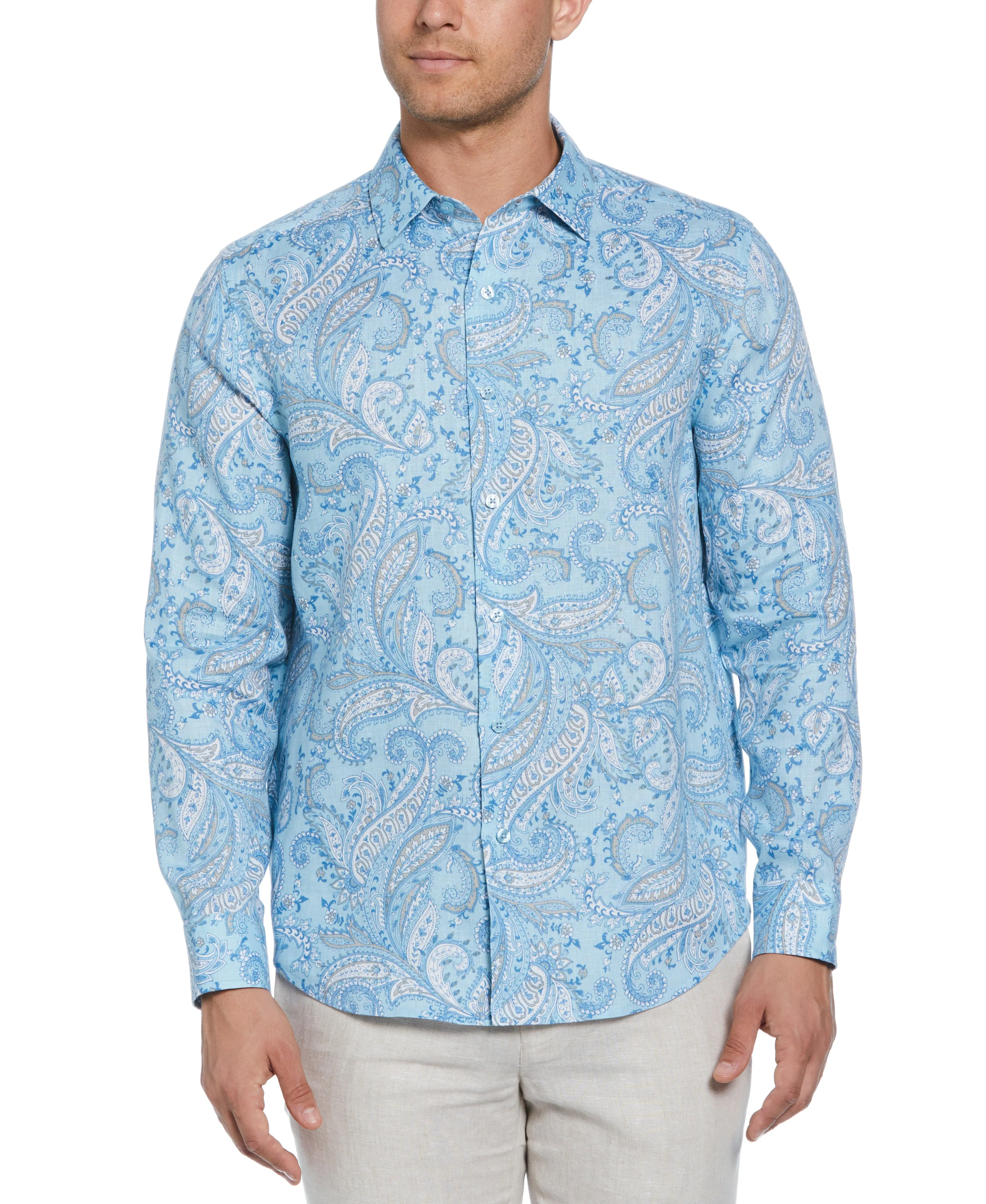 Long Sleeve Linen Allover Paisley Printed Shirt sold by Cubavera