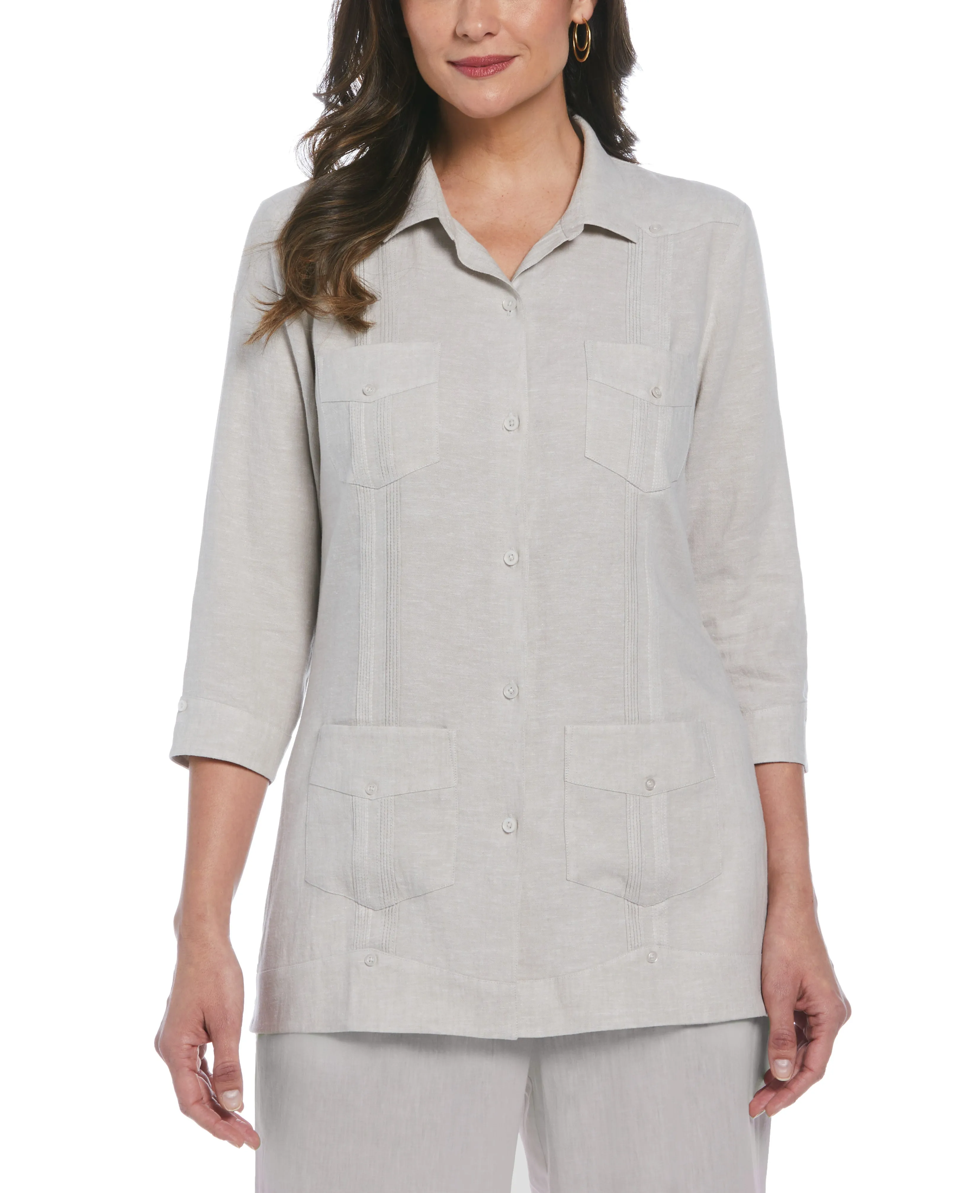 Women's Two-Tone Linen Blend Guayabera Shirt sold by Cubavera