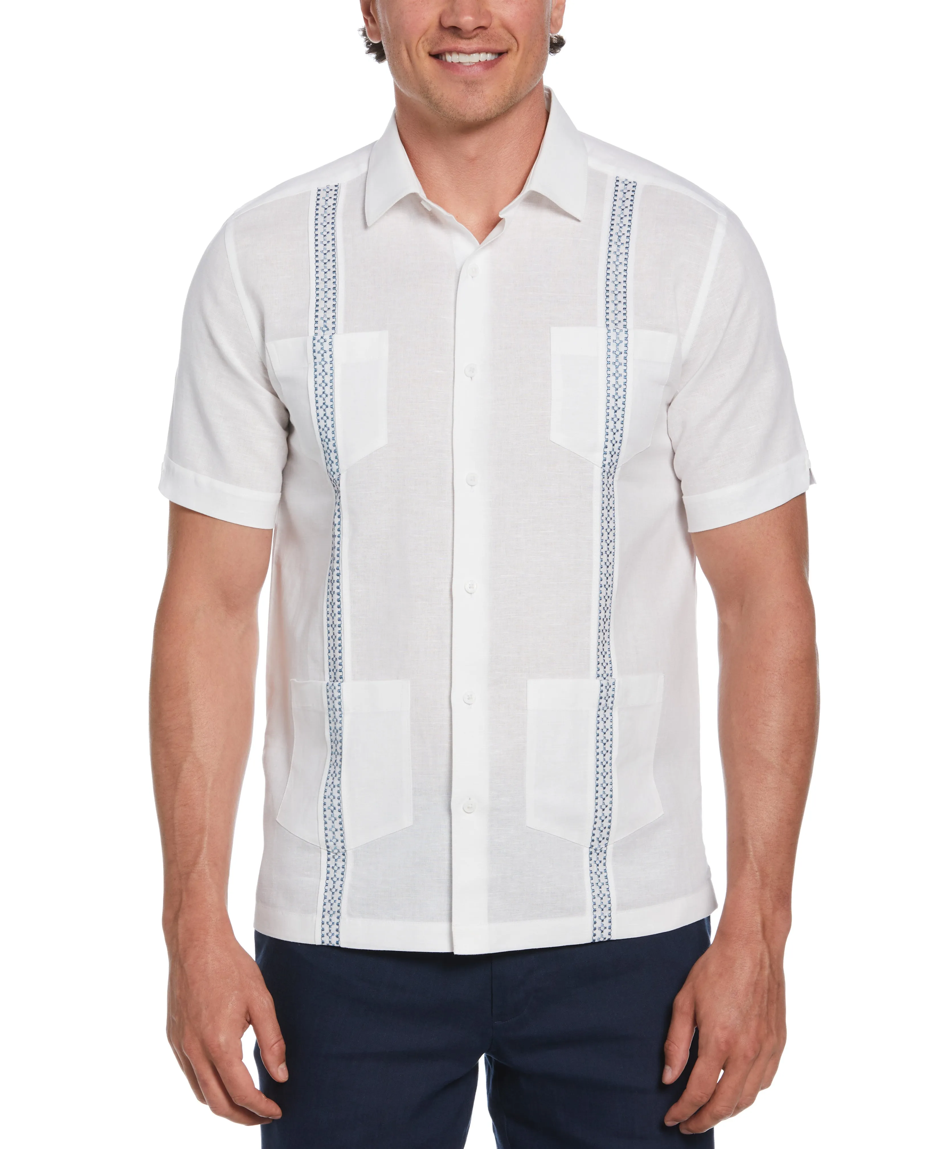 Big & Tall Linen Blend Guayabera Shirt With Geo Embroidered Panels sold by Cubavera