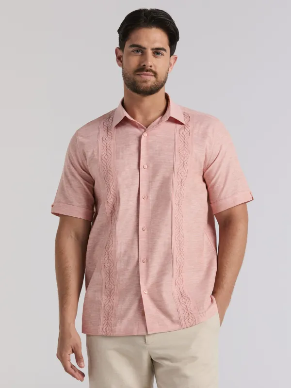 Linen Blend Embroidered Tuck Shirt made by Cubavera