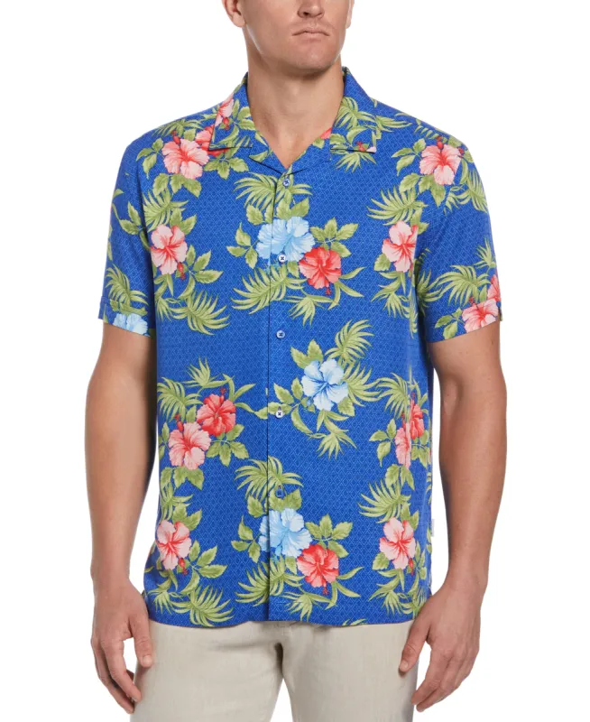 Big & Tall Textured Geo Floral Print Camp Collar Shirt sold by Cubavera