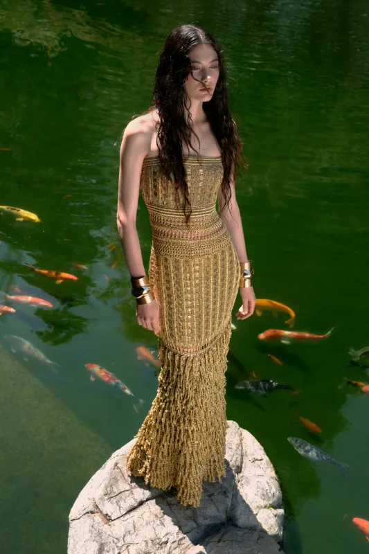 MORGAN CROCHET GOWN - GOLD sold by Cult Gaia