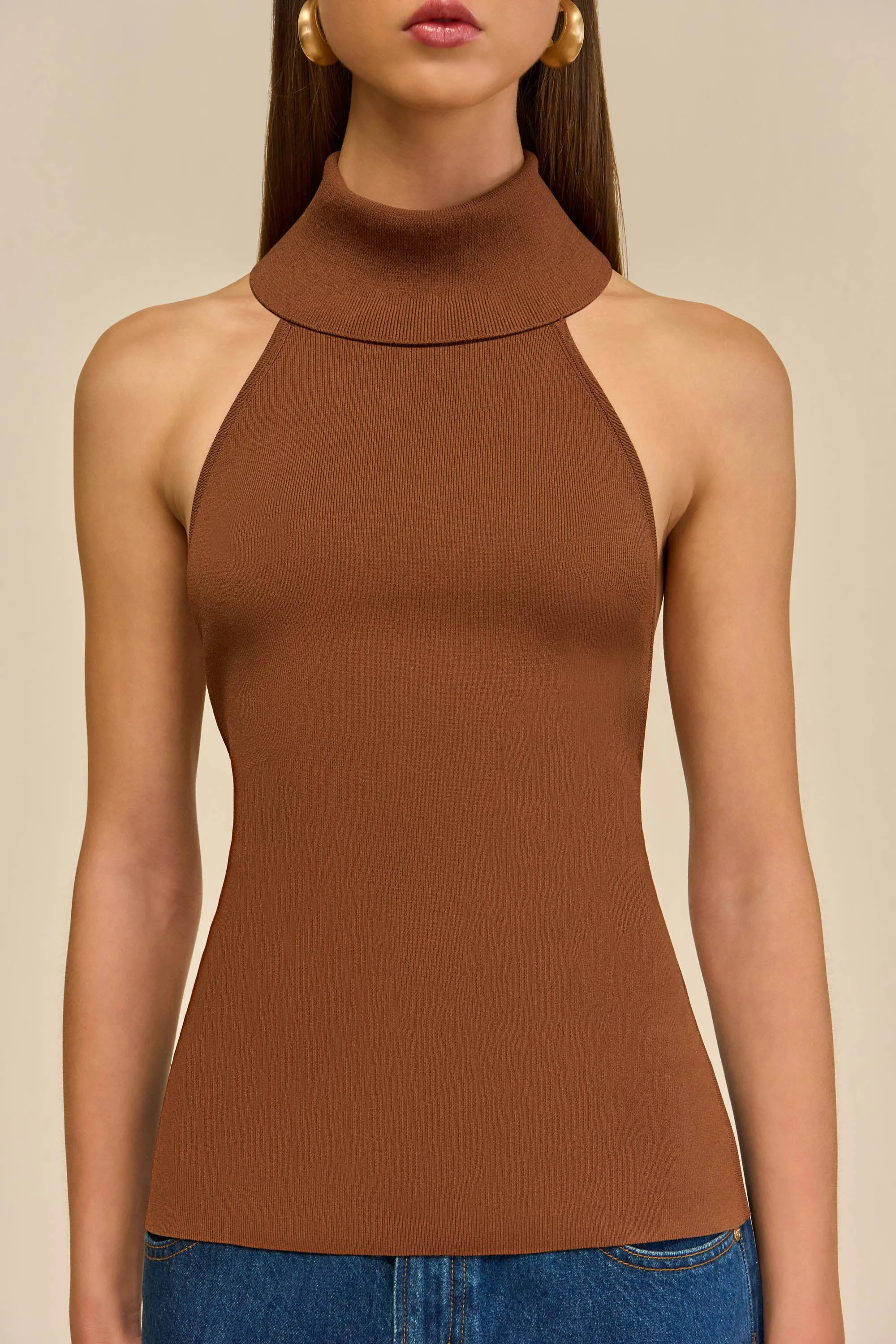 WAKE KNIT TOP - SADDLE sold by Cult Gaia