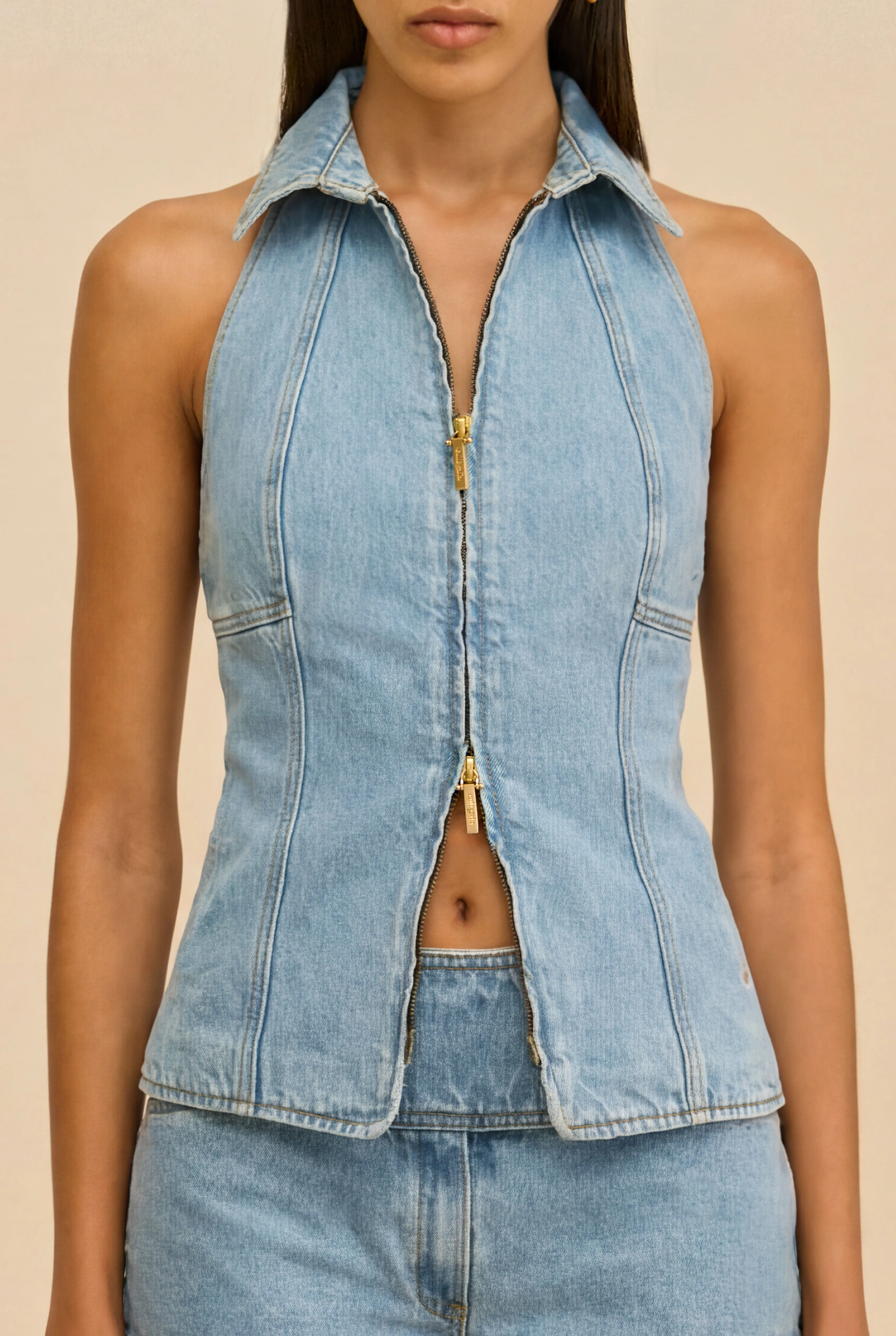 JILL DENIM TOP - VINTAGE BLUE sold by Cult Gaia