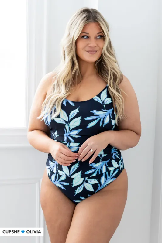 Tranquil Tropics Round Neck Shirred One Piece Swimsuit sold by Cupshe