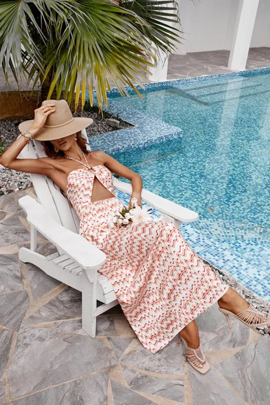 Gracie Halter Neck O-ring Stripe Off-shoulder Dress sold by Cupshe