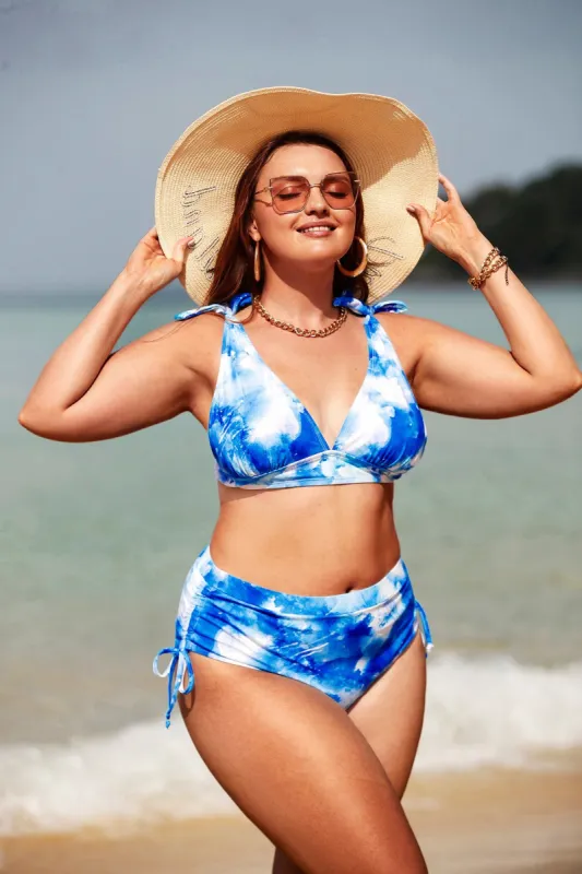 Tie-Dye Wash Bow Bralette & Ruched Plus Size Bikini Set sold by Cupshe