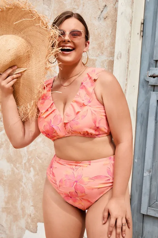 Luminescent Ruffled Surplice Lace Back Bralette & High Waist Bikini Set sold by Cupshe