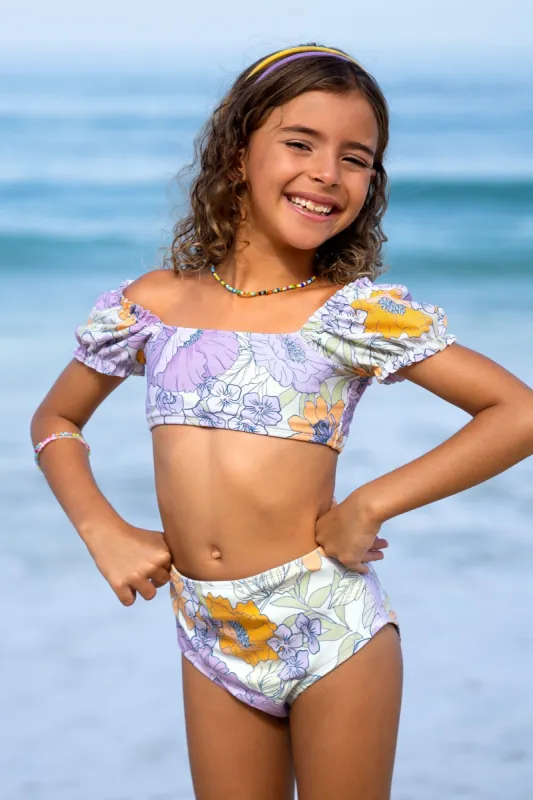 Girls Faded Flowers Puff Sleeve Top & High Waist Bikini Set sold by Cupshe