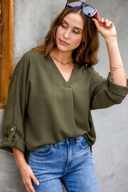 Addison V-Neck Rolled Cuff Top sold by Cupshe