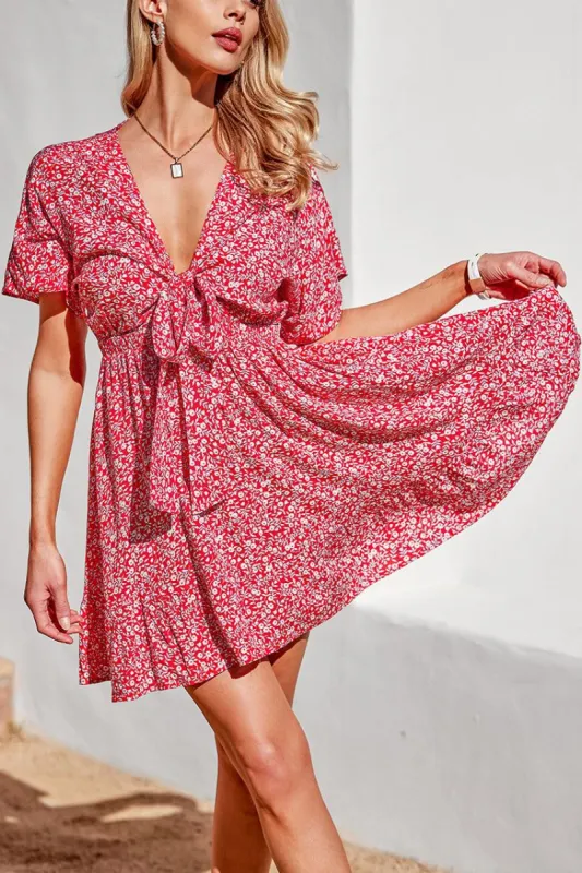 True Color Ditsy Floral Tie Front Dress sold by Cupshe