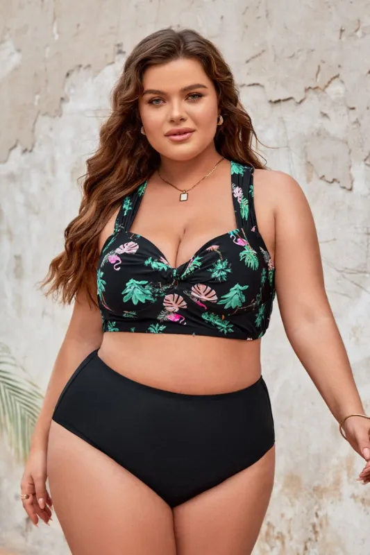 Palm Beach Night Twist Front Top & High Waist Plus Size Bikini Set sold by Cupshe