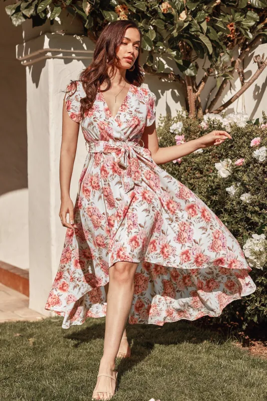 White Beach Belted Floral High-Low Dress sold by Cupshe