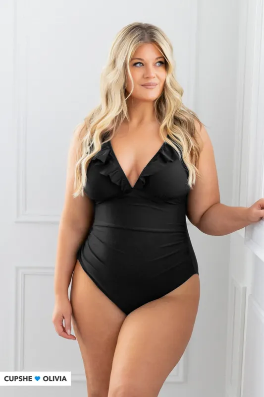 Summer Seaside Ruffled Ruched Plunge Tummy Control Black One Piece sold by Cupshe