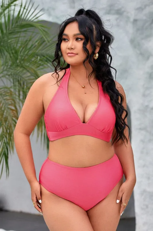 Vapor Wave Back Tie Halter Plus Size Bikini Top sold by Cupshe
