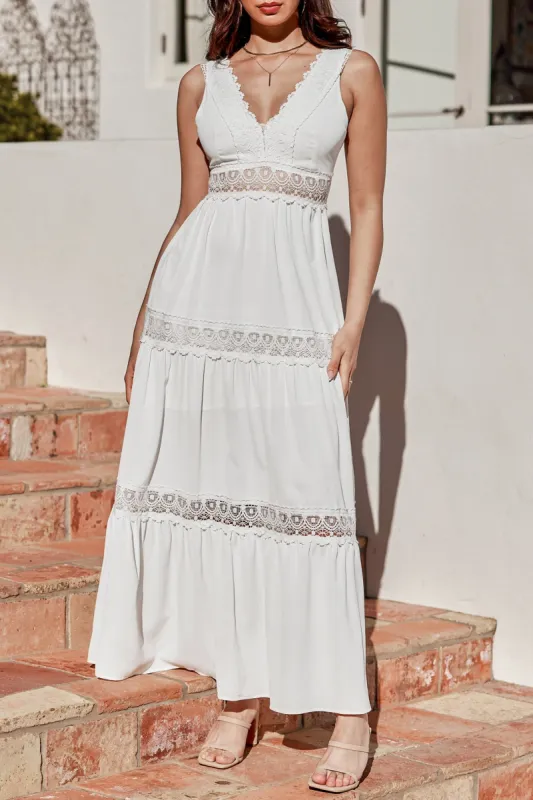 White Canvas Lace Trim V-Neck Maxi Dress sold by Cupshe