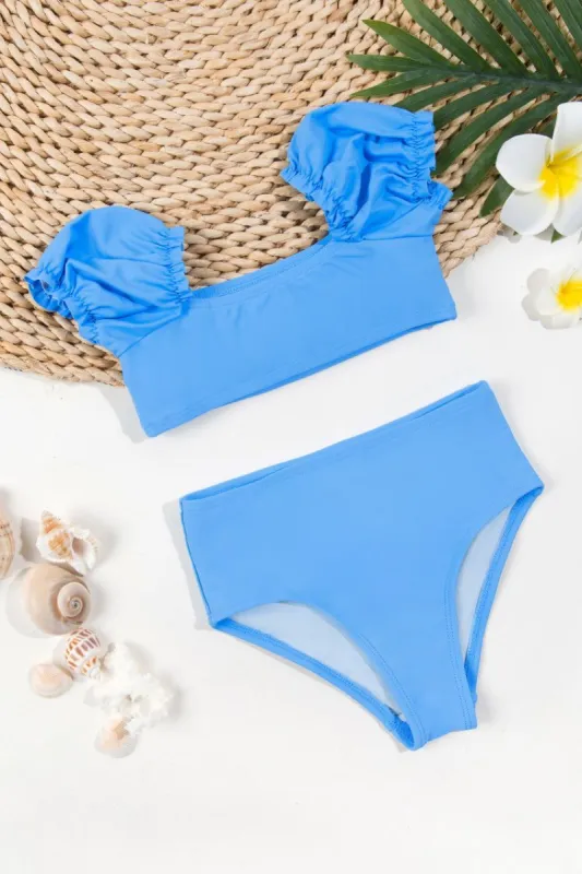 Girls Vapor Wave Lettuce Edge Puff Sleeve Bikini Set sold by Cupshe
