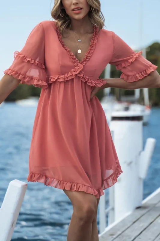 Tatiana Ruffled V-Neck Pink Mini Dress sold by Cupshe