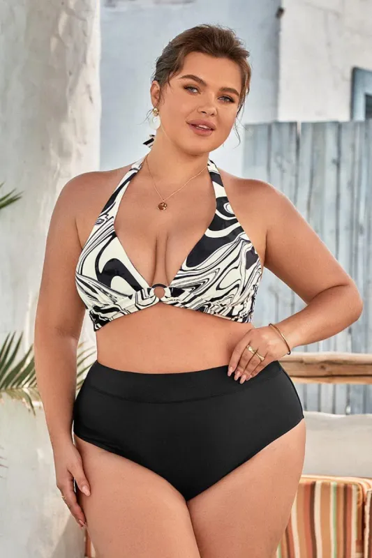 Ink Flow Molded Halter High Waist Tummy Control Plus Size Bikini sold by Cupshe
