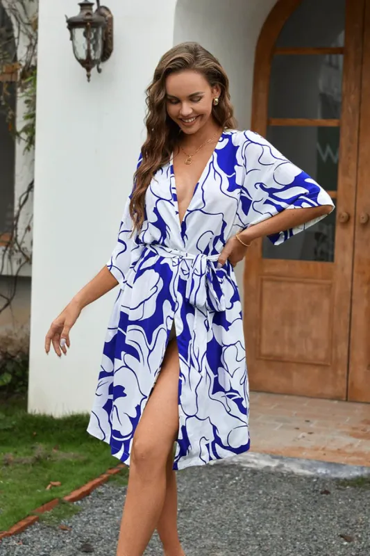 Delores V-neck Open Front Tie Kimono sold by Cupshe