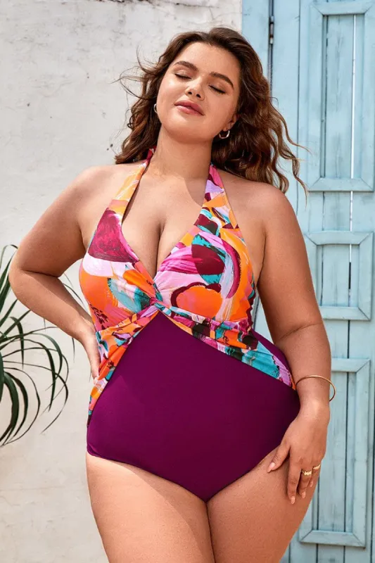 Artistic Flowers Twist Front Tummy Control Plus Size One Piece sold by Cupshe