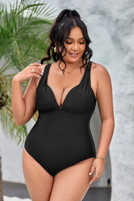Summer Of Love Black Plunge Tummy Control Black Plus Size One Piece sold by Cupshe