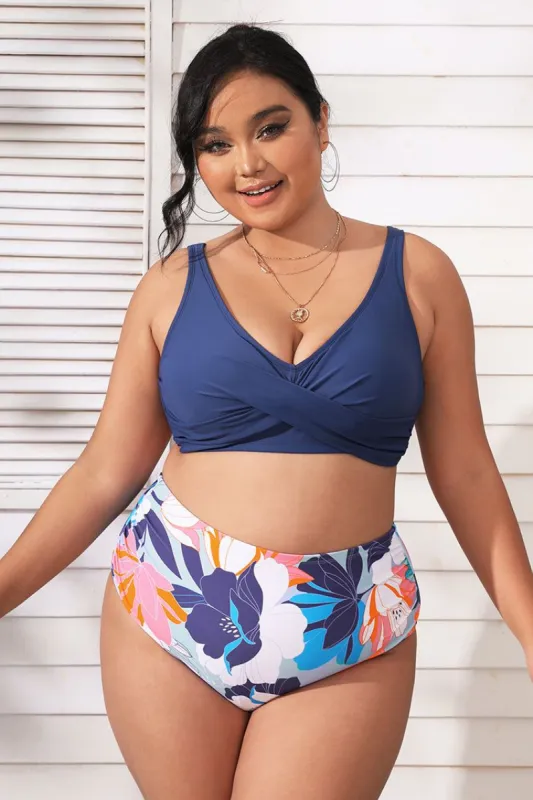 Deep Ocean Shirred High Waist Tummy Control Plus Bikini Bottom sold by Cupshe
