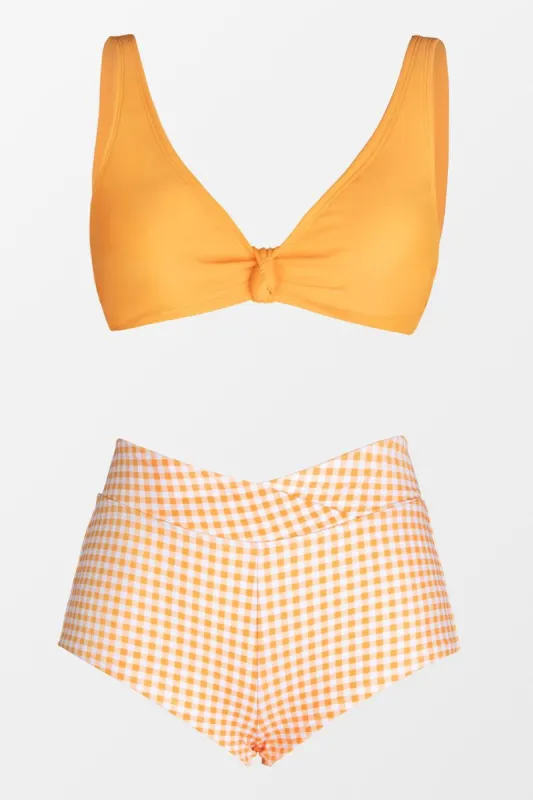 Gingham Getaway Knotted Bralette And Banded Boy Shorts Set sold by Cupshe