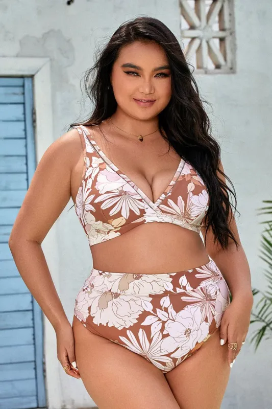 Kari Floral Plunge Bralette & High Waist Plus Size Bikini Set sold by Cupshe