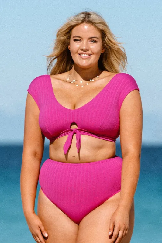 Breezy Rib Faux Tie Cap Sleeve Bralette & High Waist Plus Size Bikini Set sold by Cupshe