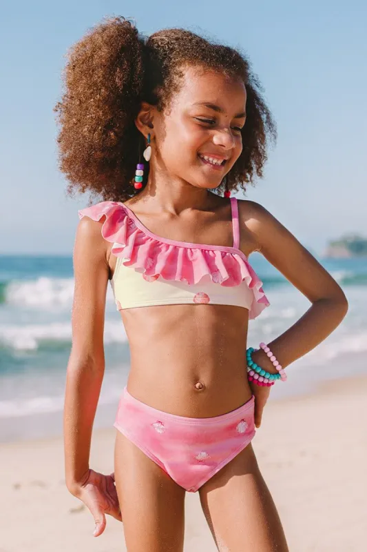 Girls’ Cute Shell Ruffled One Shoulder And Hipster Set sold by Cupshe