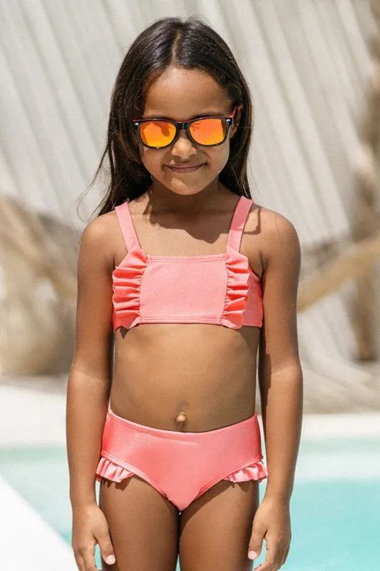 Girls’Pink Shiny Tricot Ruffled Bralette And Hipster Bikini Set sold by Cupshe