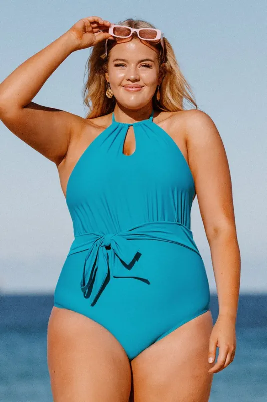 Spring Macaron Solid High Neck Tummy Control Plus Size One Piece sold by Cupshe