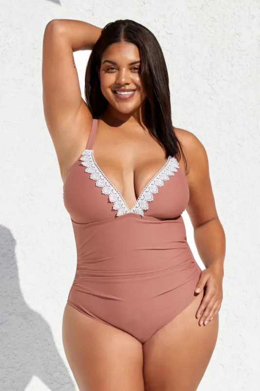 Boho Rhapsody Lace V-Neck Plus Size One Piece Swimsuit sold by Cupshe