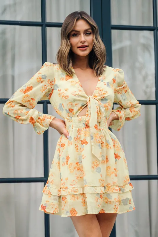 Celina V-neck Floral Lace Up Mini Dress sold by Cupshe