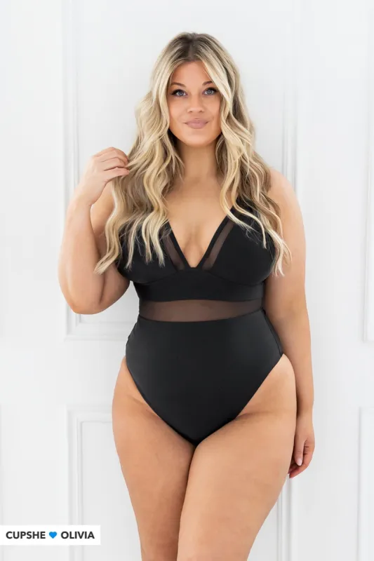 Omniscient Solid Mesh Panel Tummy Control Black Plus Size One Piece sold by Cupshe
