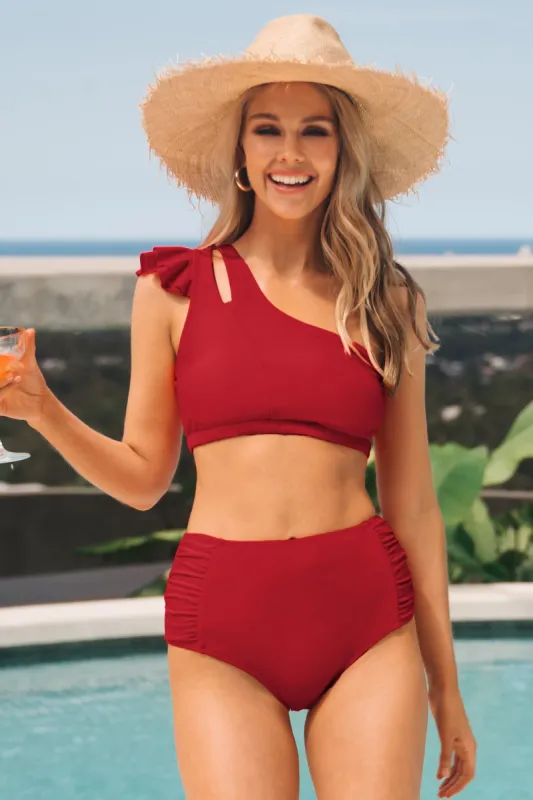 Ruffle One Shoulder and High Waist Bikini Set sold by Cupshe