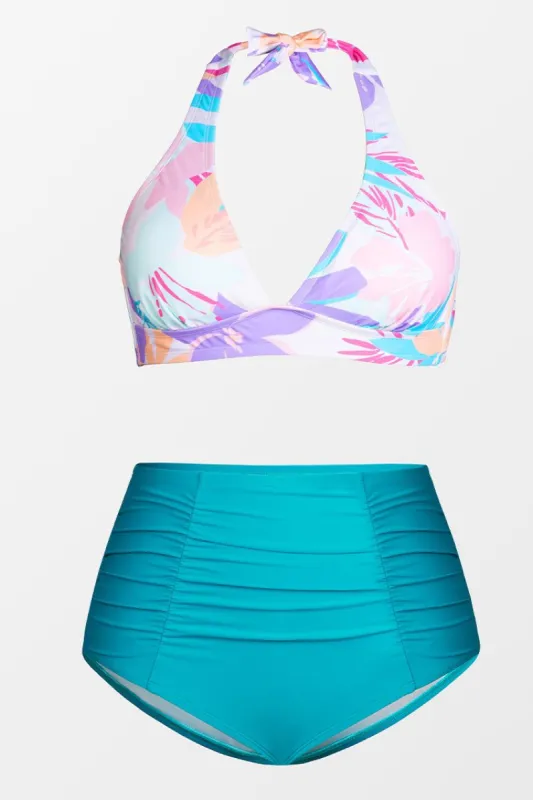 Multi Spring Halter High Waist Tummy Control Plus Size Set sold by Cupshe